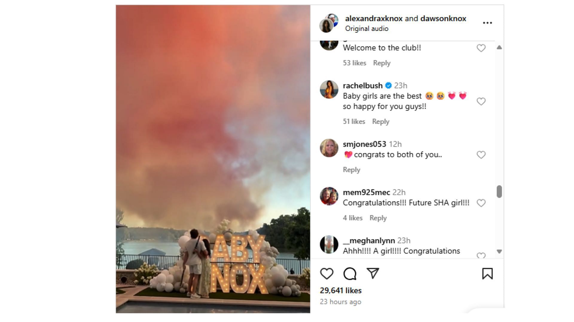 Rachel Bush's comment on their revelation of having a baby daughter. (Comment via Dawson Knox's Instagram)